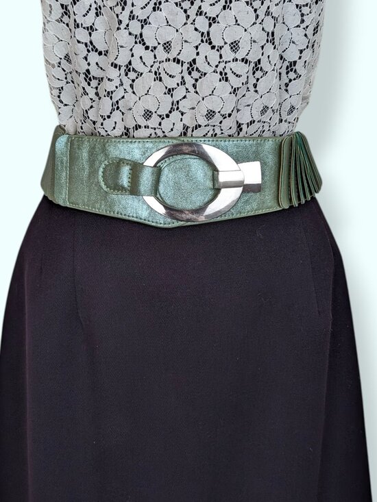 Accessories - Green Metallic Overlap Stretch Belt
